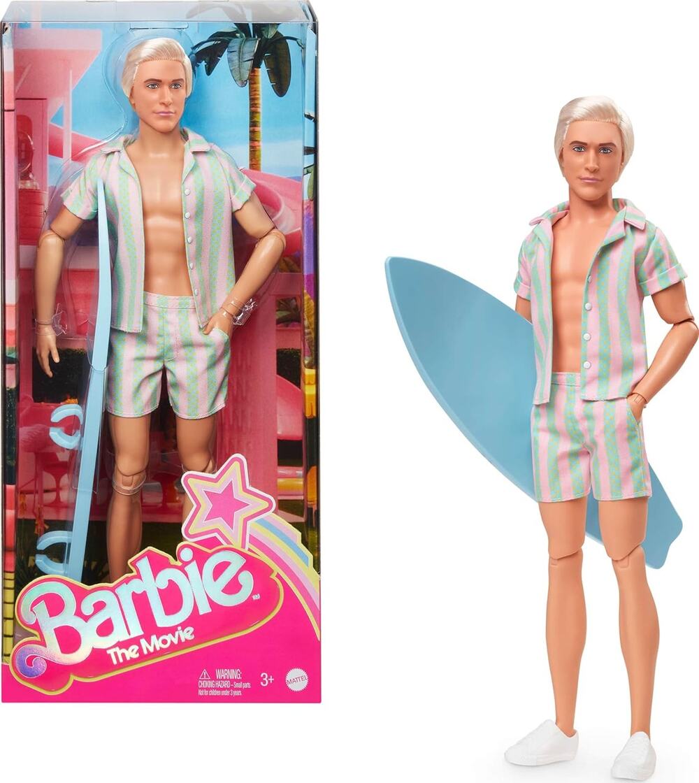 Barbie The Movie Ken Doll Wearing Pastel Pink and Green Striped Beach Set NWT